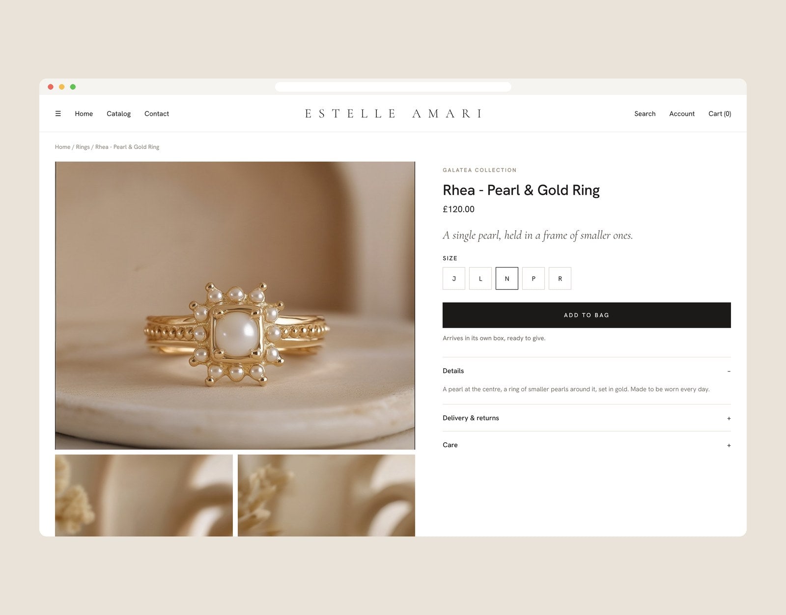 ESTELLE AMARI product page, Rhea pearl and gold ring