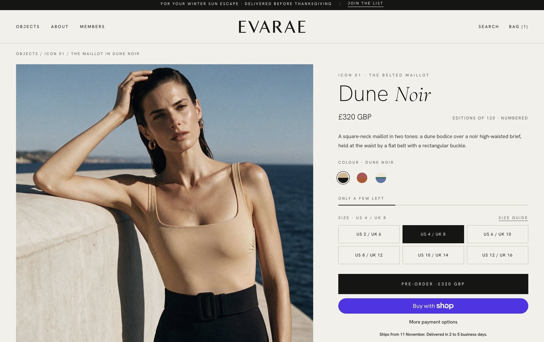 EVARAE product page, Dune Noir