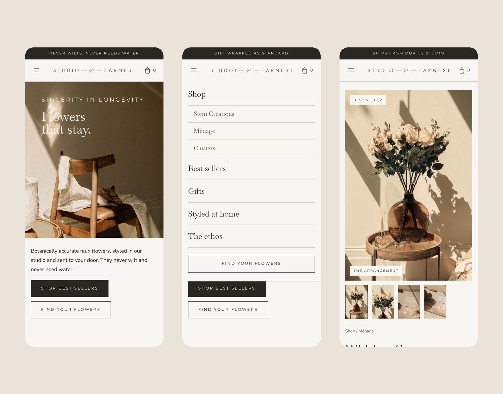 Studio of Earnest on a phone: home, menu, product