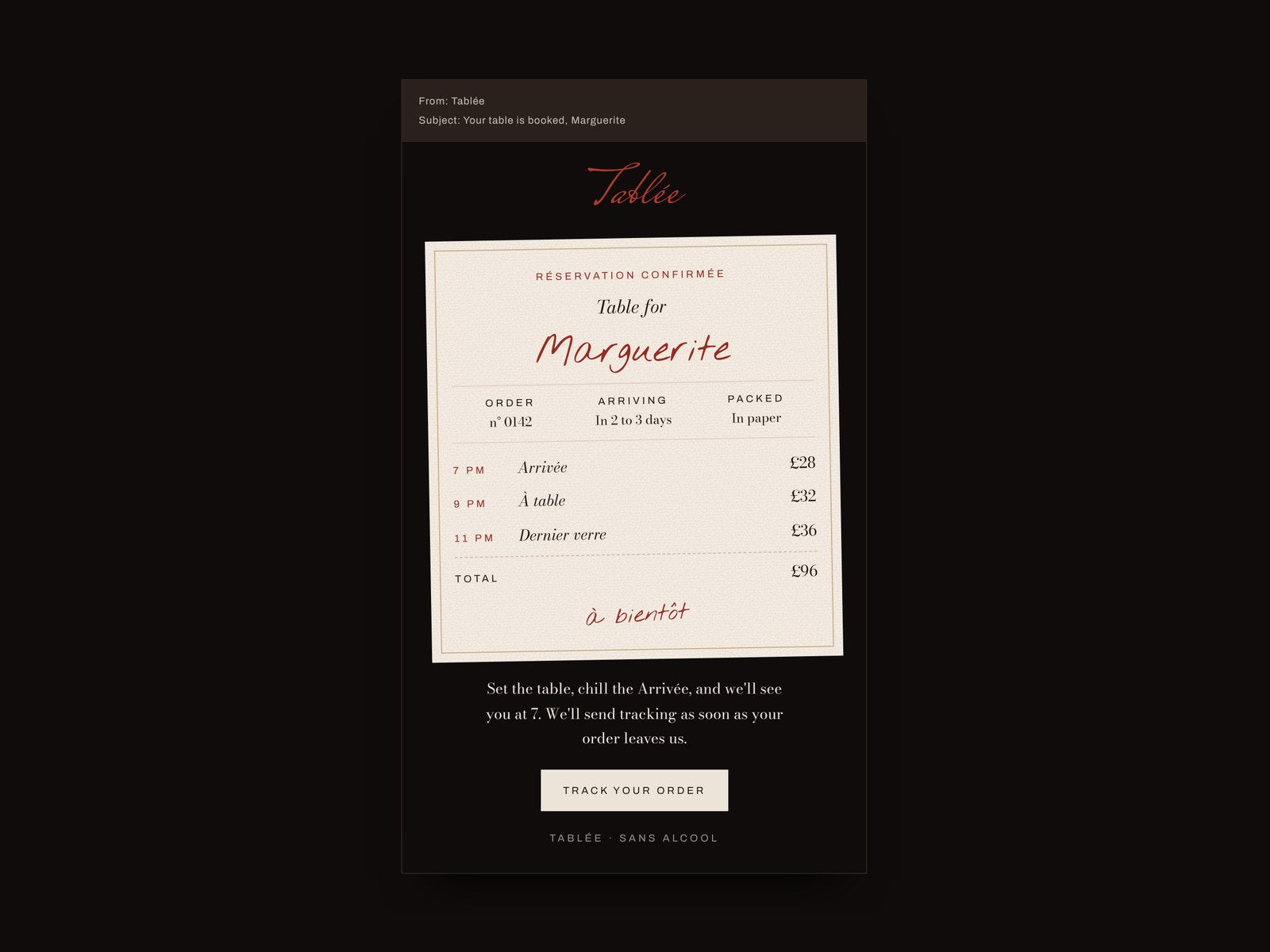 The order email, a reservation card in the inbox