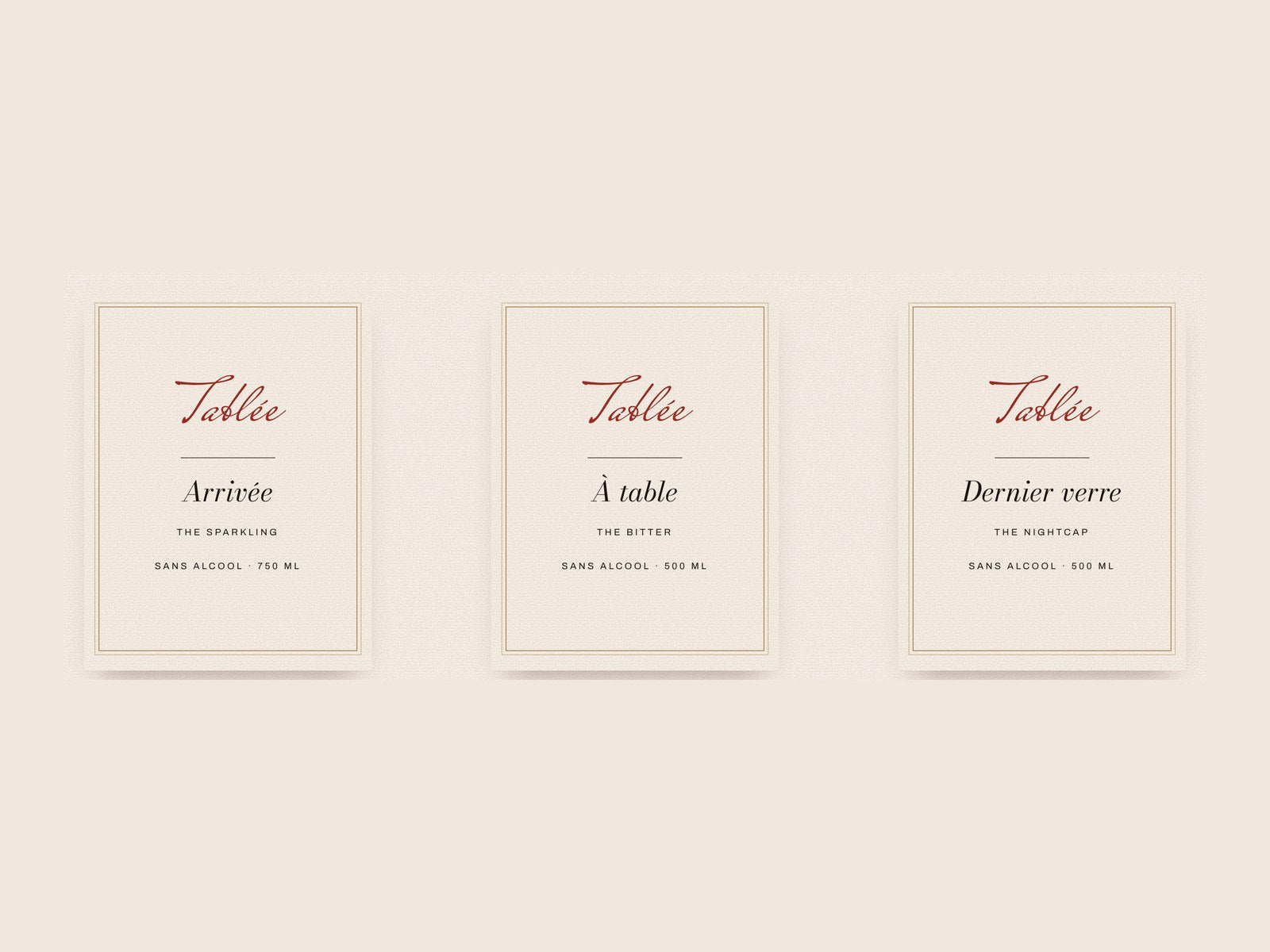 Tablée front labels: Arrivée, À table, Dernier verre