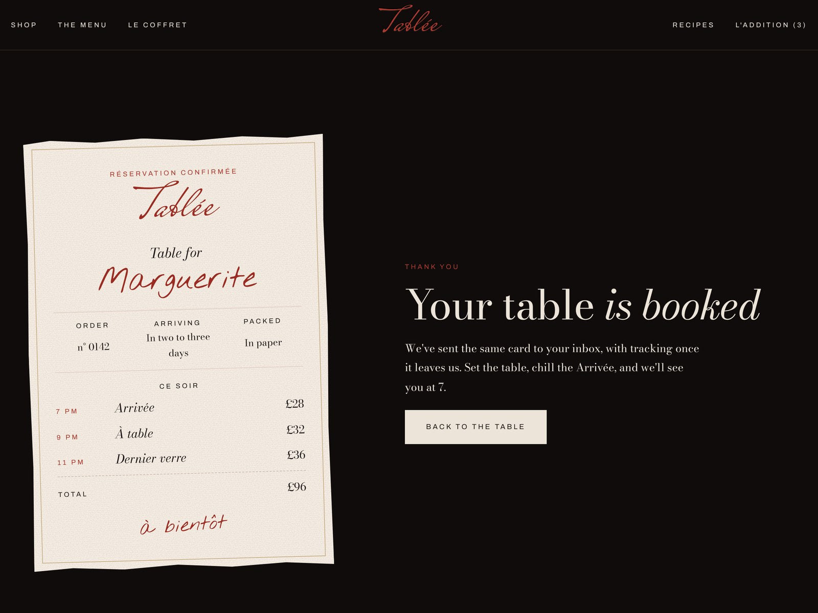 Tablée, the reservation card after checkout